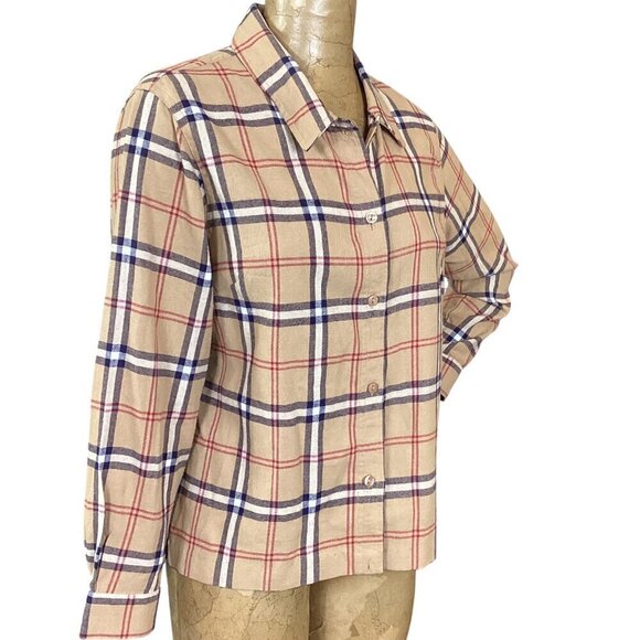 Classic Beige/Tan Plaid Flannel Button-Up Top Sz PM Cotton #319B - Picture 3 of 7